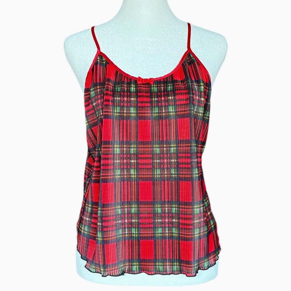 Tryst Red Green and Black Plaid Bow Cami Sz M